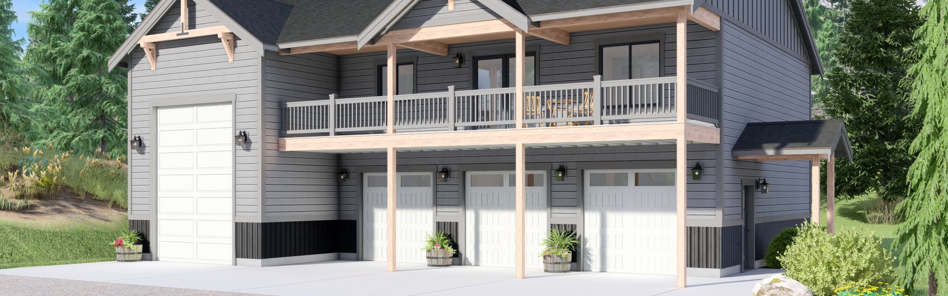 Photo real rendering of mountain style floor plan with an attached RV garage by Lexar Homes