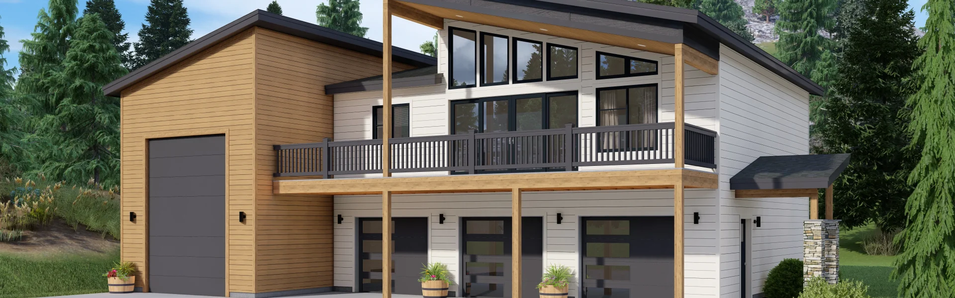 Photo real rendering of modern style floor plan with an attached RV garage by Lexar Homes