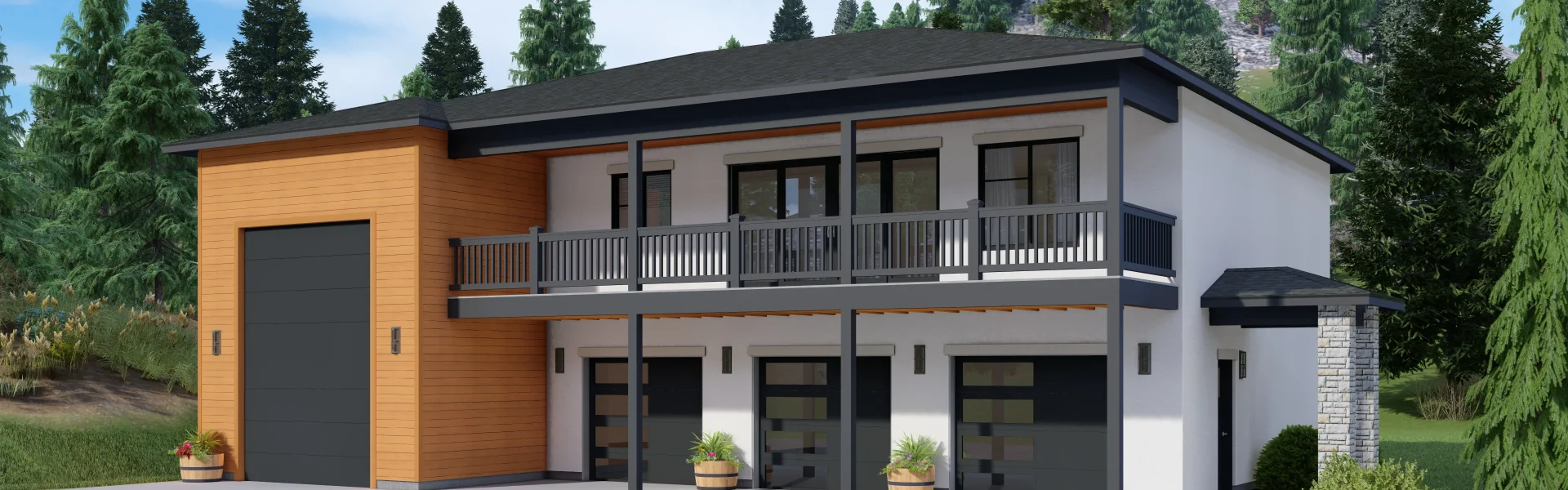 Photo real rendering of prairie style floor plan with an attached RV garage by Lexar Homes