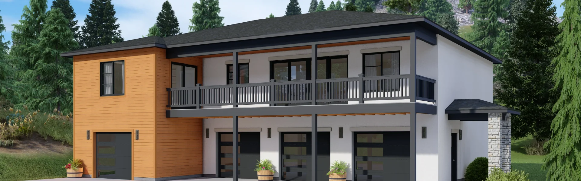 Photo real rendering of prairie style floor plan with an attached RV garage by Lexar Homes