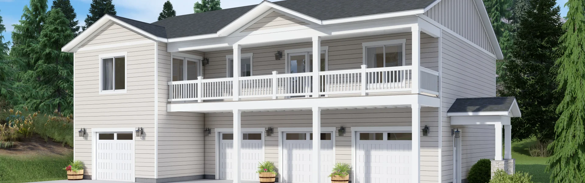 Photo real rendering of traditional style floor plan with an attached RV garage by Lexar Homes