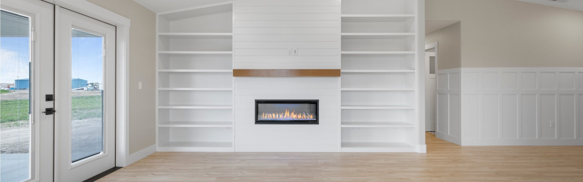 Fireplace with built in shelving