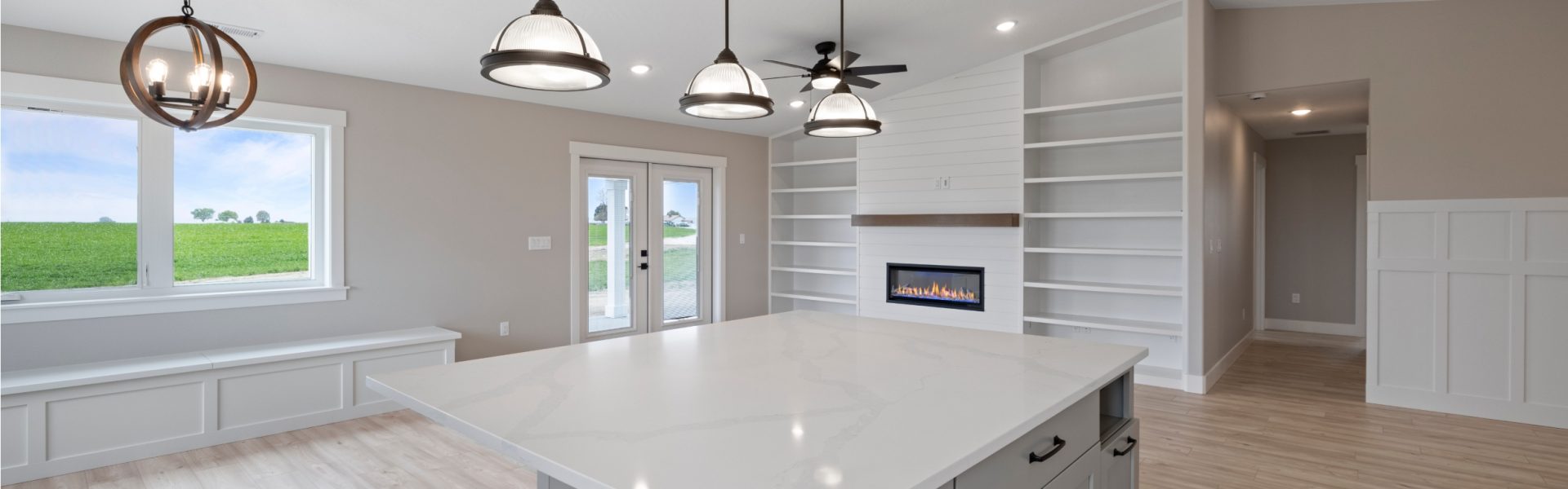 Open concept great room with fireplace