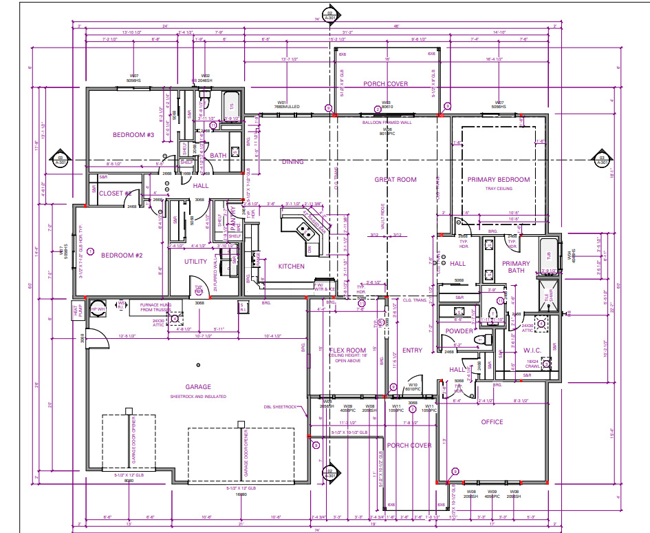 Floor plan drawing with dimensions and mark up